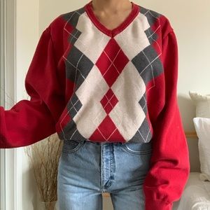 Argyle Red Gray Izod V Neck Long Sleeve Sweater
